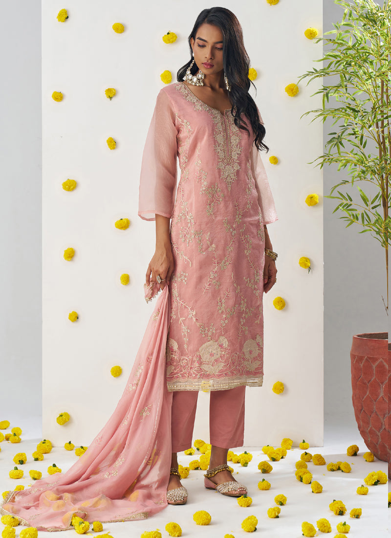Vegaa Fashion Light Peach Organza Embroidered Salwar Suit