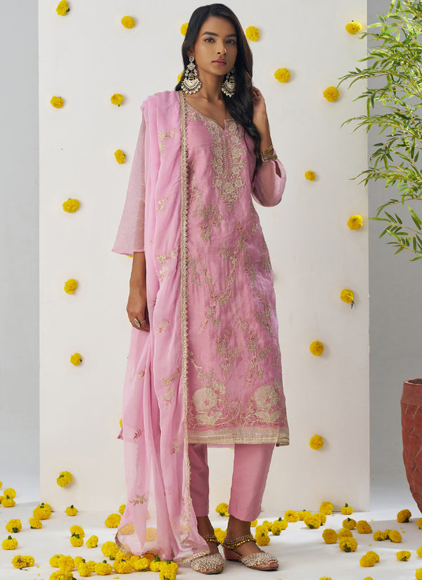 Vegaa Fashion Baby Pink Organza Embroidered Salwar Suit