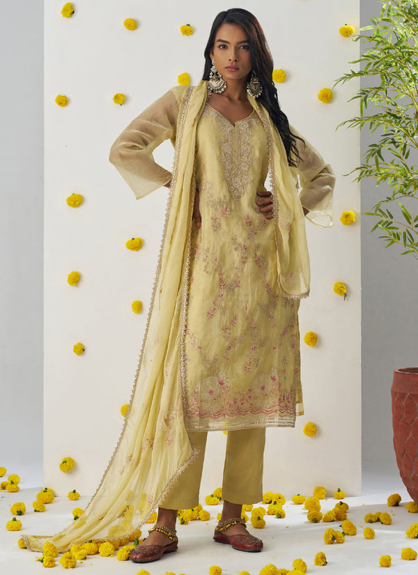Vegaa Fashion Light Yellow Organza Embroidered Salwar Suit