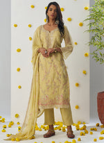 Thumbnail for Vegaa Fashion Light Yellow Organza Embroidered Salwar Suit