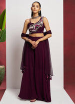 Thumbnail for Vegaa Fashion Wine Georgette Khatli Work Western Sharara