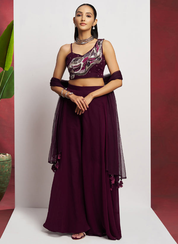 Vegaa Fashion Wine Georgette Khatli Work Western Sharara