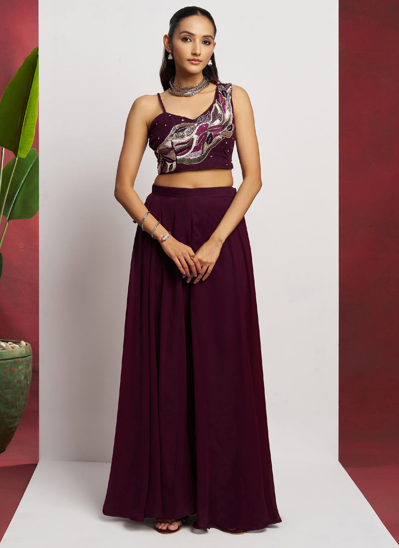 Vegaa Fashion Wine Georgette Khatli Work Western Sharara