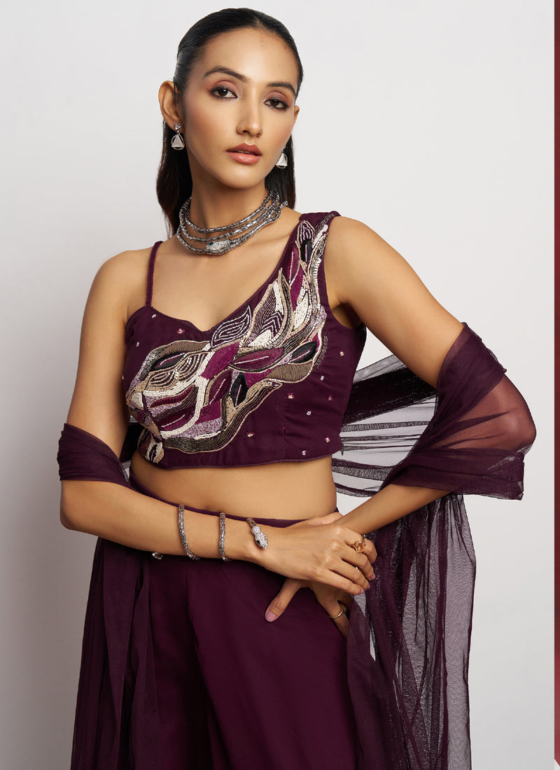 Vegaa Fashion Wine Georgette Khatli Work Western Sharara