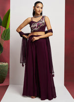 Thumbnail for Vegaa Fashion Wine Georgette Khatli Work Western Sharara