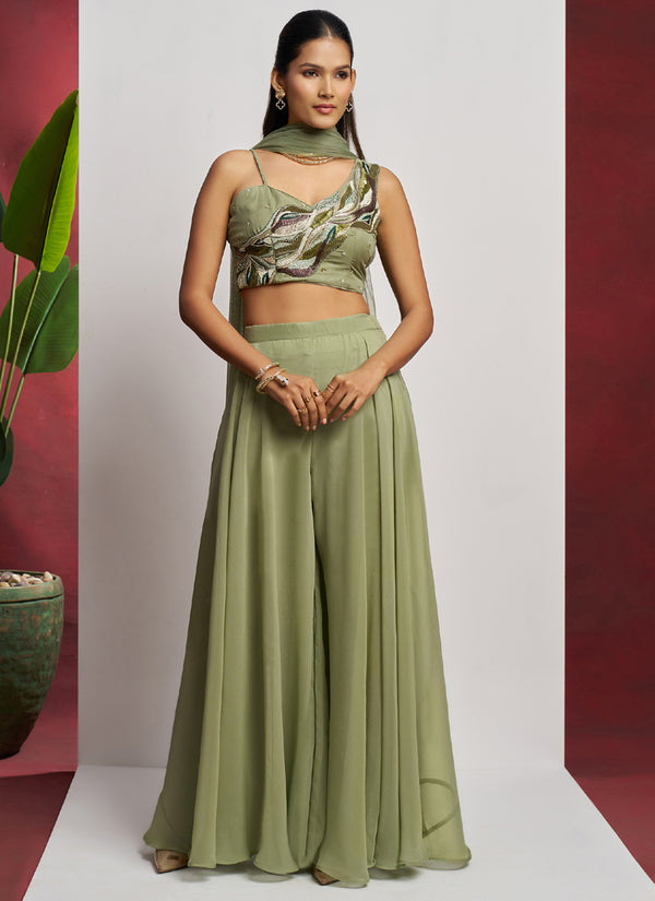 Vegaa Fashion Sea Green Georgette Khatli Work Western Sharara