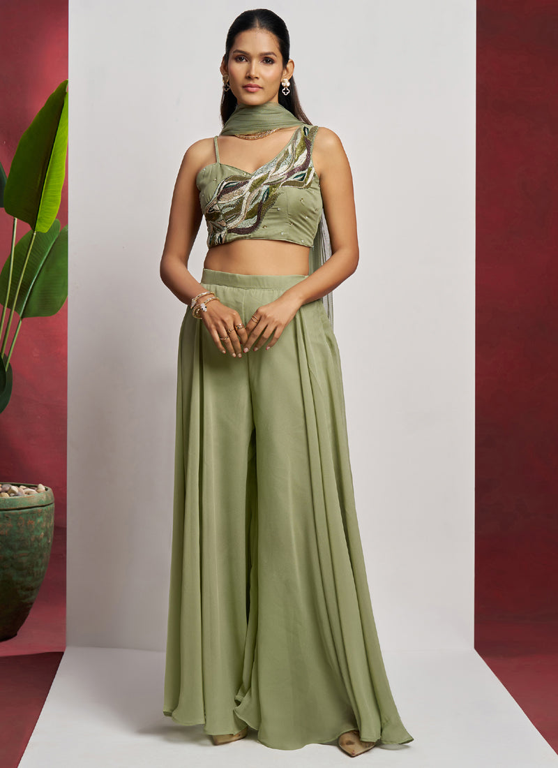 Vegaa Fashion Sea Green Georgette Khatli Work Western Sharara