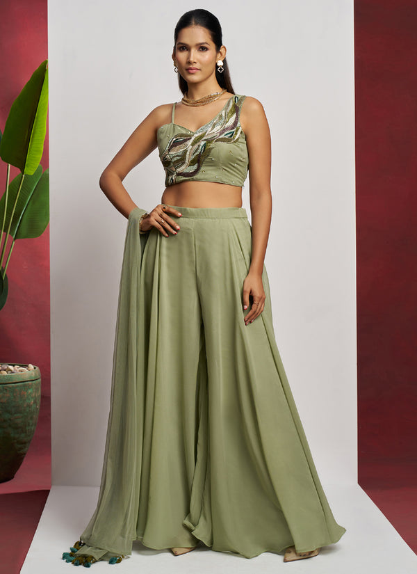 Vegaa Fashion Sea Green Georgette Khatli Work Western Sharara
