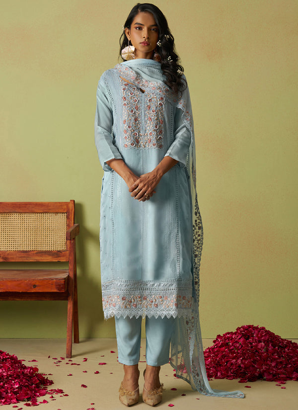 Vegaa Fashion Sky Blue Pure Organza Embroidered Salwar Suit