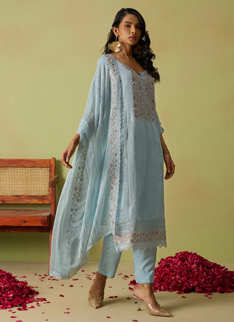 Vegaa Fashion Sky Blue Pure Organza Embroidered Salwar Suit