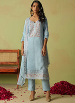 Thumbnail for Vegaa Fashion Sky Blue Pure Organza Embroidered Salwar Suit