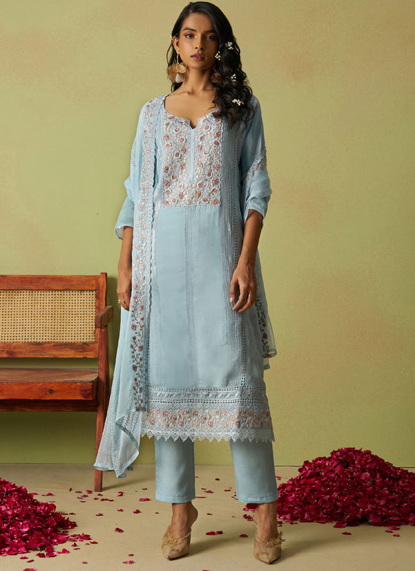 Vegaa Fashion Sky Blue Pure Organza Embroidered Salwar Suit