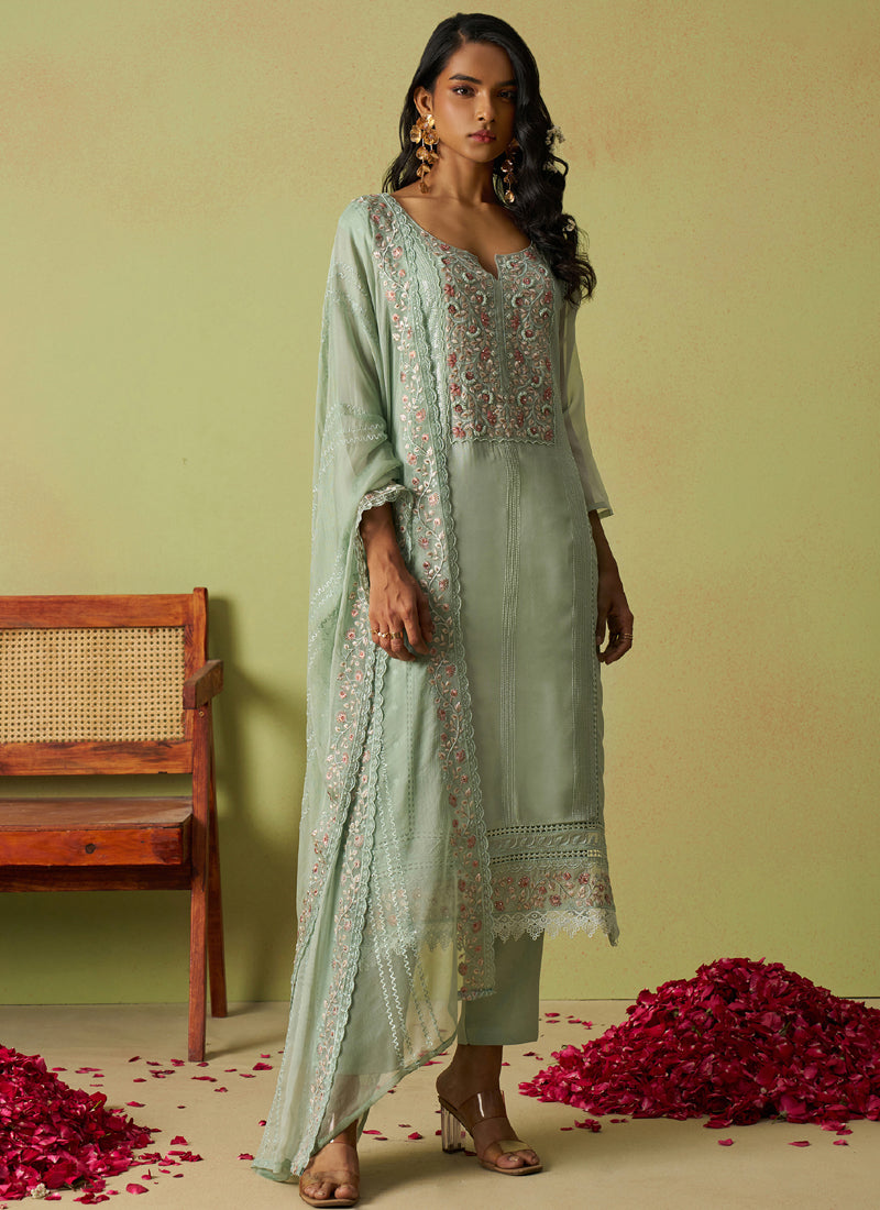 Vegaa Fashion Sea Green Pure Organza Embroidered Salwar Suit