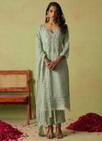 Thumbnail for Vegaa Fashion Sea Green Pure Organza Embroidered Salwar Suit