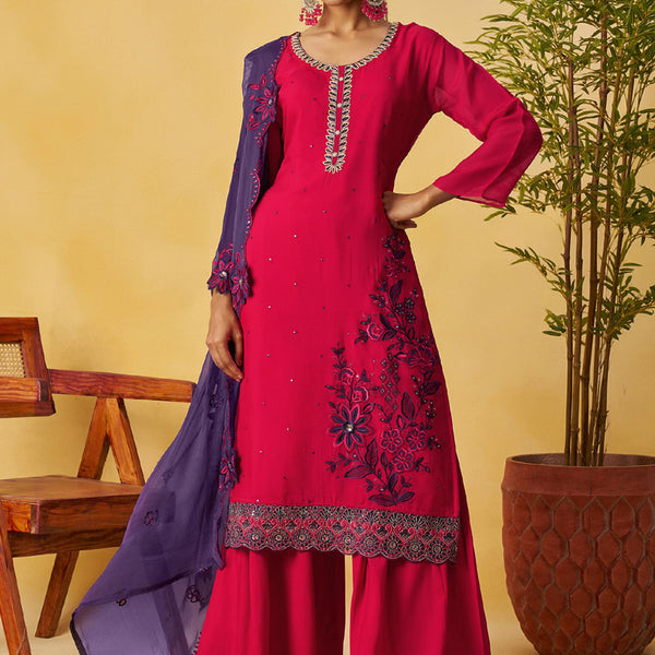 Vegaa Fashion Red Organza Embroidered And Handwork Palazzo Suit - Distacart