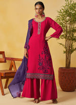 Thumbnail for Vegaa Fashion Red Organza Embroidered And Handwork Palazzo Suit - Distacart