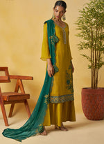 Thumbnail for Vegaa Fashion Mustard Organza Embroidered And Handwork Palazzo Suit - Distacart