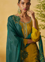 Thumbnail for Vegaa Fashion Mustard Organza Embroidered And Handwork Palazzo Suit - Distacart