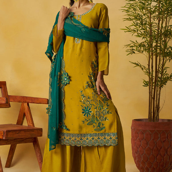 Vegaa Fashion Mustard Organza Embroidered And Handwork Palazzo Suit - Distacart