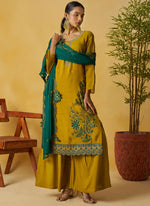 Thumbnail for Vegaa Fashion Mustard Organza Embroidered And Handwork Palazzo Suit - Distacart