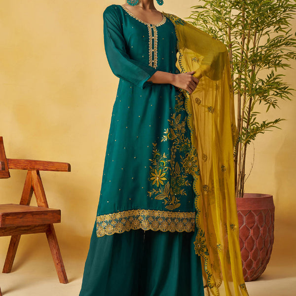 Vegaa Fashion Aqua Green Organza Embroidered And Handwork Palazzo Suit - Distacart