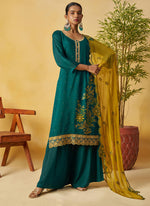 Thumbnail for Vegaa Fashion Aqua Green Organza Embroidered And Handwork Palazzo Suit - Distacart