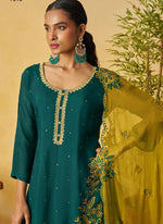 Thumbnail for Vegaa Fashion Aqua Green Organza Embroidered And Handwork Palazzo Suit - Distacart
