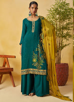 Thumbnail for Vegaa Fashion Aqua Green Organza Embroidered And Handwork Palazzo Suit - Distacart