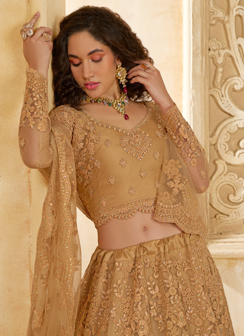 Vegaa Fashion Beige Net Thread Work Wedding Lehenga