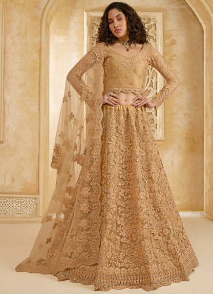 Vegaa Fashion Beige Net Thread Work Wedding Lehenga