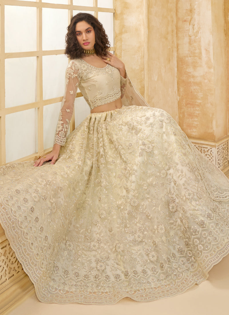 Vegaa Fashion Off White Net Thread Work Wedding Lehenga - Distacart