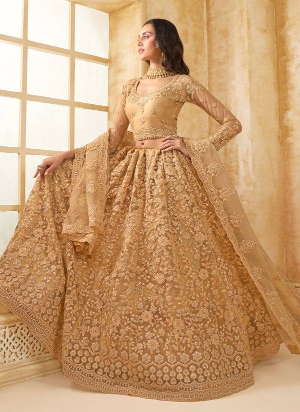 Vegaa Fashion Beige Net Thread Work Wedding Lehenga