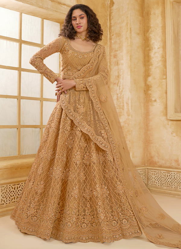Vegaa Fashion Beige Net Thread Work Wedding Lehenga