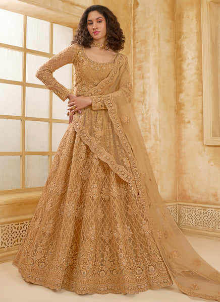 Vegaa Fashion Beige Net Thread Work Wedding Lehenga
