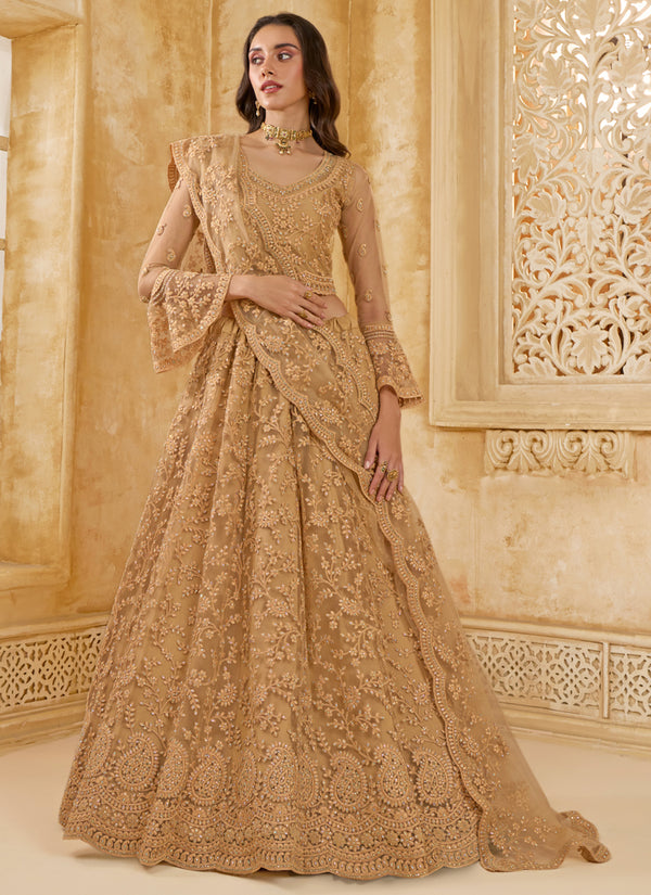 Vegaa Fashion Beige Net Thread Work Wedding Lehenga