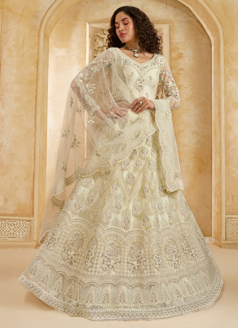 Vegaa Fashion Off White Net Thread Work Wedding Lehenga - Distacart