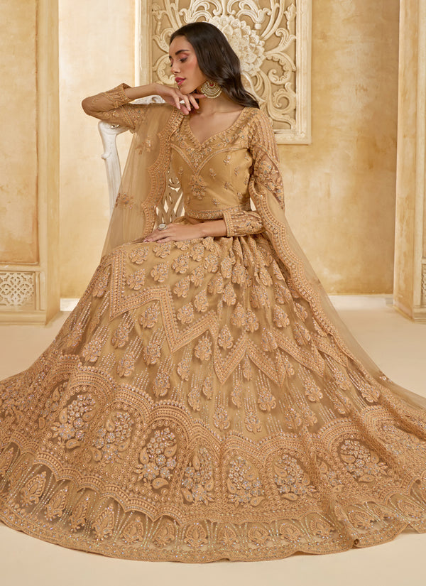 Vegaa Fashion Beige Net Thread Work Wedding Lehenga