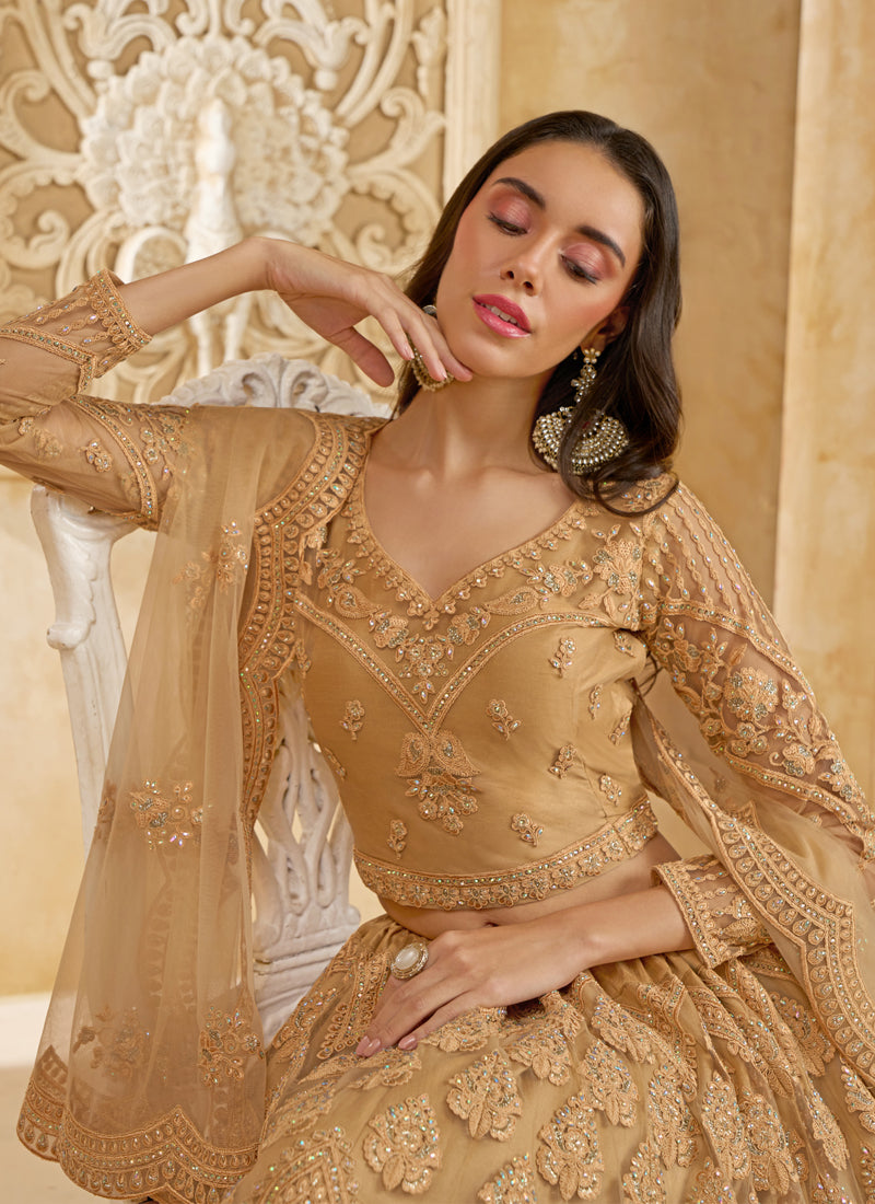 Vegaa Fashion Beige Net Thread Work Wedding Lehenga