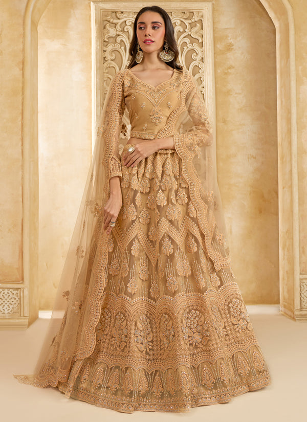 Vegaa Fashion Beige Net Thread Work Wedding Lehenga