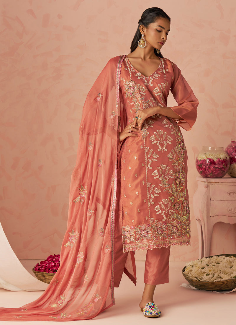 Vegaa Fashion Rust Silk Zari Fancy Embroidered Designer Suit For Wedding