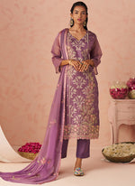 Thumbnail for Vegaa Fashion Lavender Silk Zari Fancy Embroidered Designer Suit For Wedding - Distacart