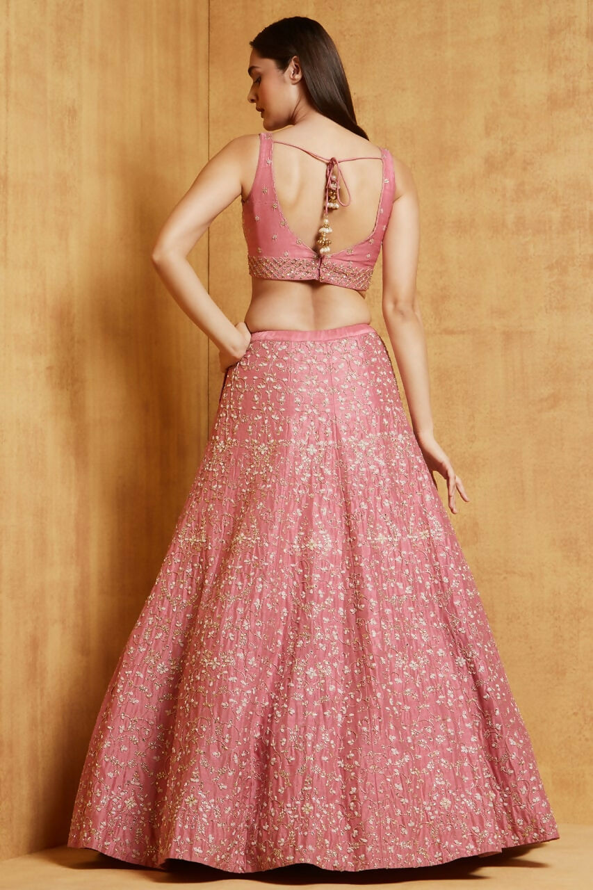 Jyoti Fashion Peach Cording Dori with Zari Thread Sequence Embroidery Malai Satin Silk Lehenga Choli with Dupatta - Distacart
