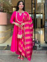 Thumbnail for The52 Rani Women's Gorgeous Embroidered Work Chanderi Fabric Flared Kurta Pant and Dupatta Set - Distacart