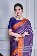 Thumbnail for Morchari Purple Cotton Handloom Mirror Work Saree Unstitched Blouse