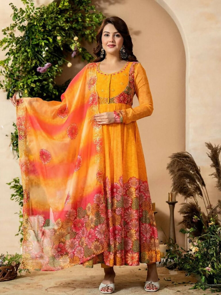 Teeya Creation Multi Color Organza Silk With Digital print With Embroidery Gown