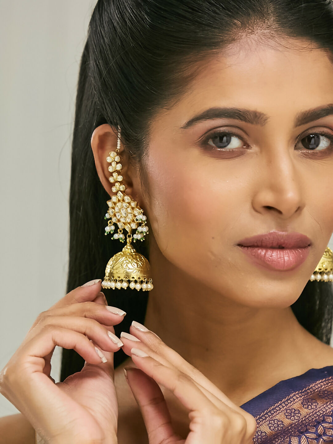 Nuyug 22K Gold-Plated Floral Jhumki Kundan Studded Kanauti Earrings