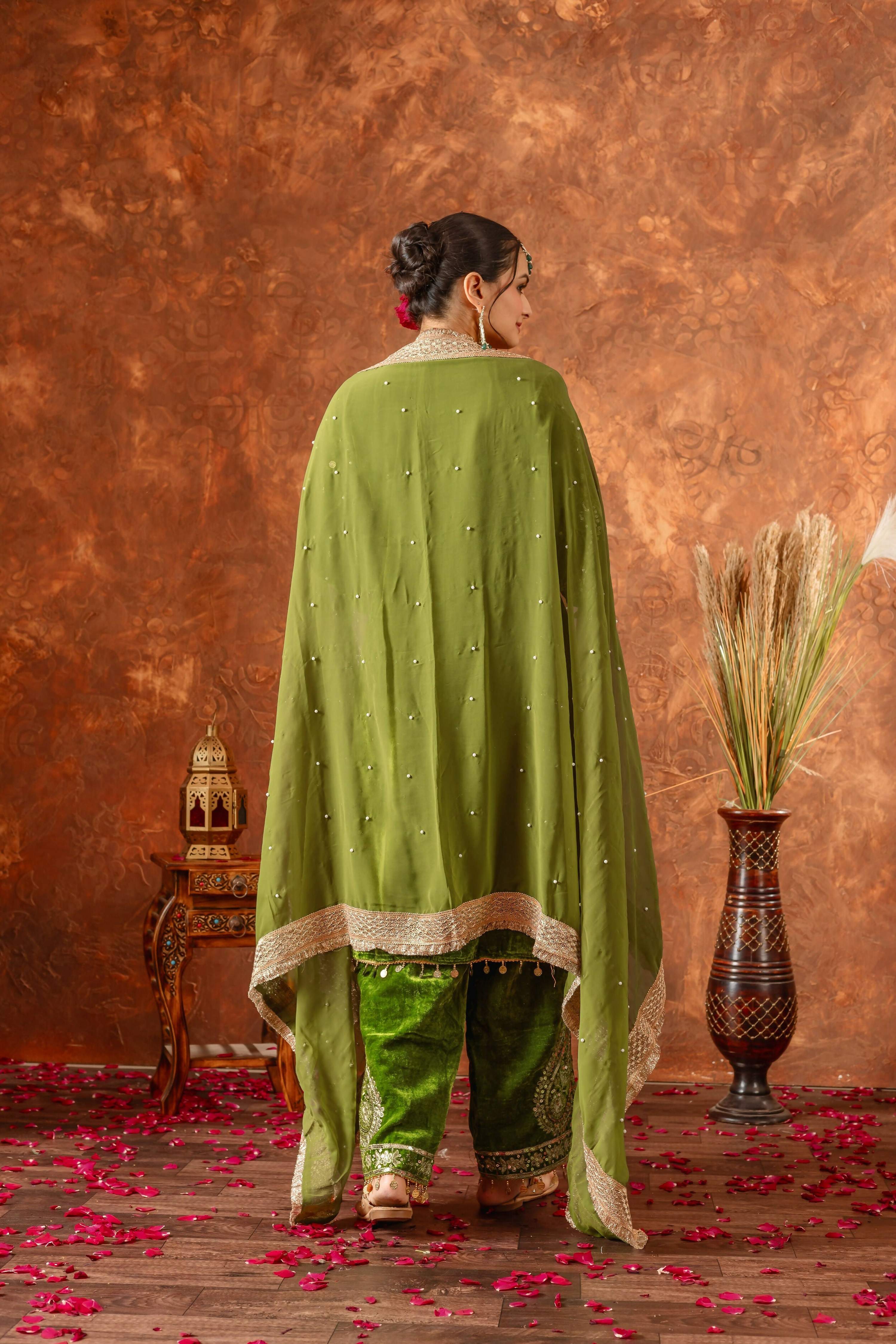 Teeya Creation Green Color Velvet Silk Embroidery Work Party Wear Suit
