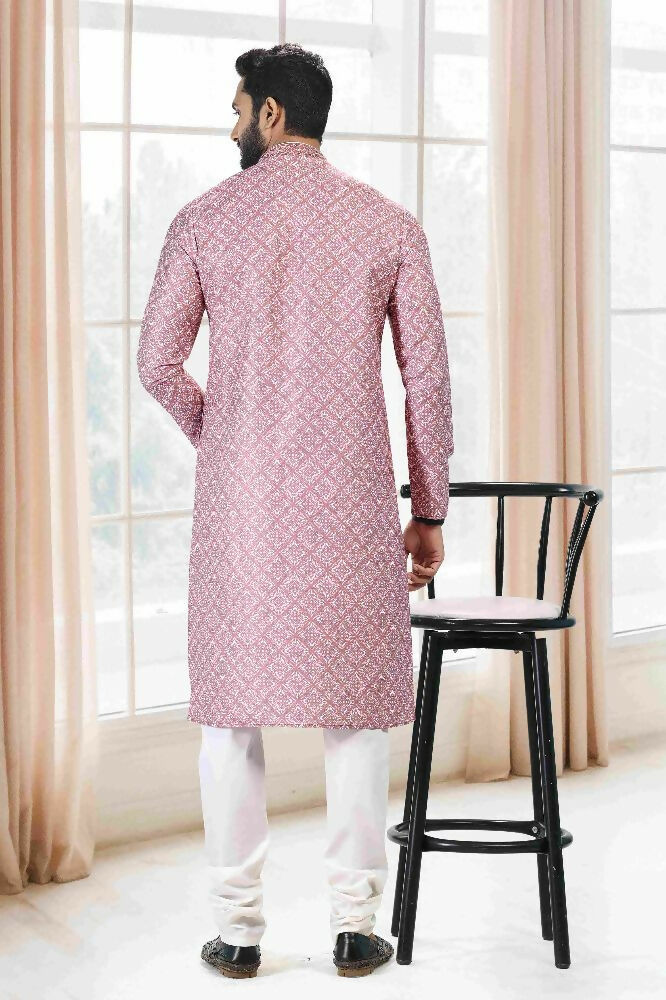Raivat Ethnic Cotton Thread Work Kurta Pajama In Baby Pink Colour - Dista