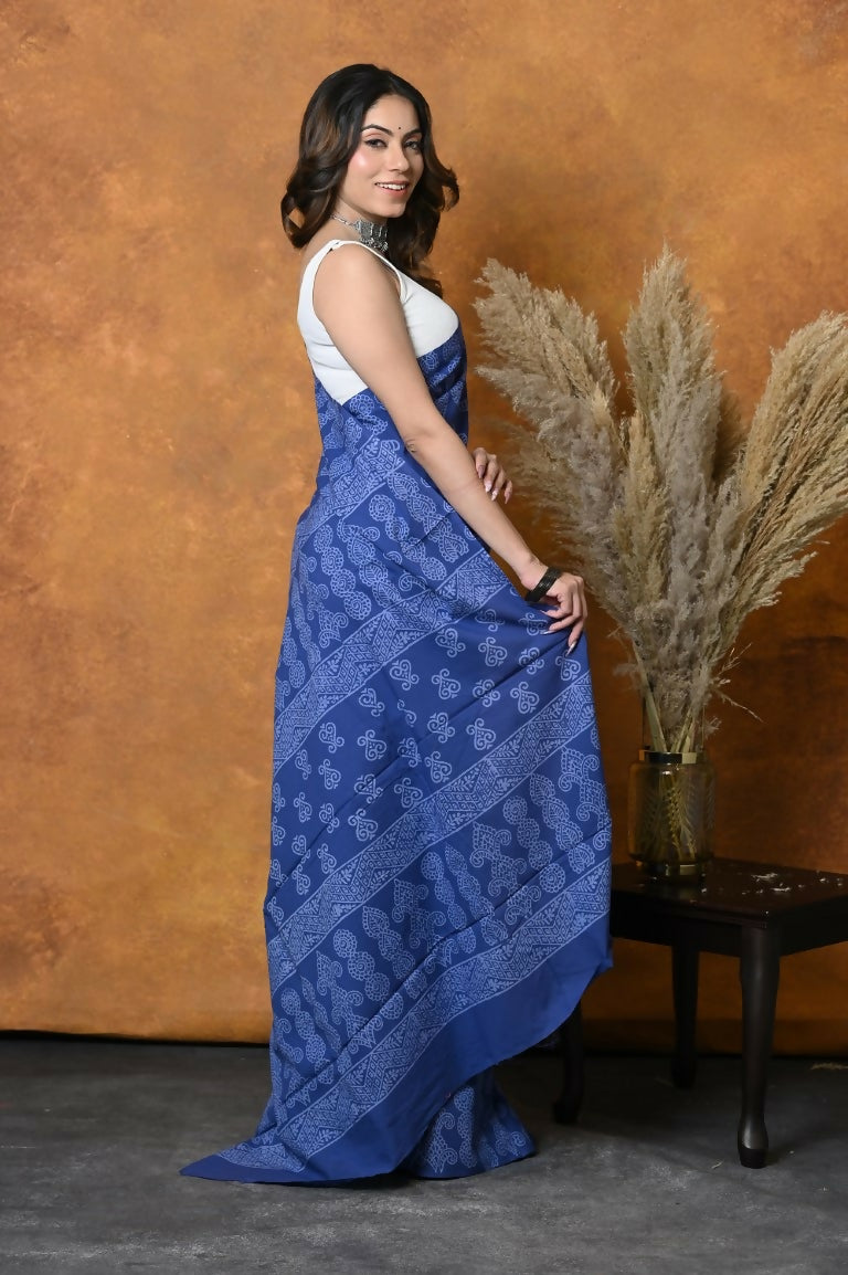 Very Much Indian Handblock Printed Cotton Saree With Natural Dyes - Indigo Blue - Distacart