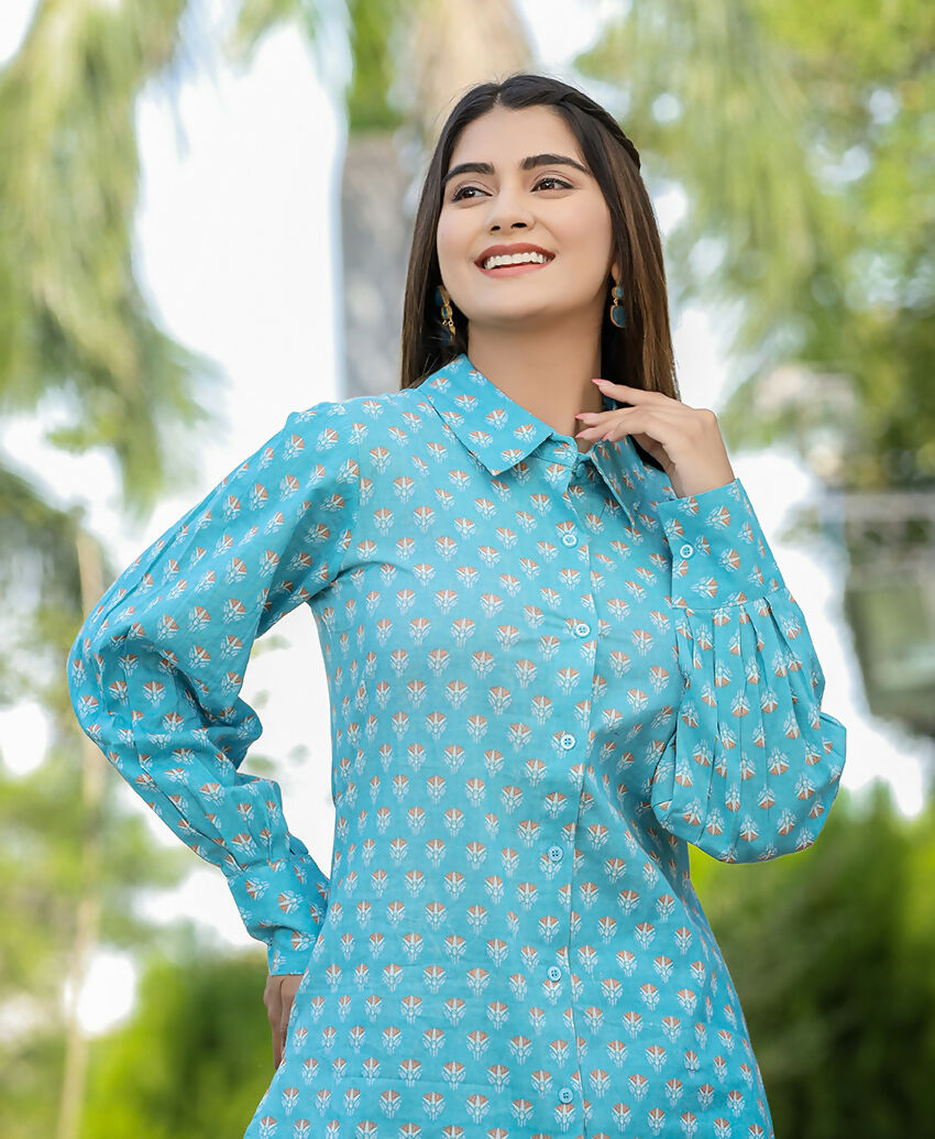 Kaajh Women's Sky Blue Printed Cotton Kurta Pant Set - Distacart